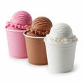 Three ice cream scoops in cups isolated on white background Royalty Free Stock Photo