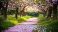 A serene pathway lined with blossoming cherry trees. Their vibrant pink petals create a magical atmosphere. Nature Royalty Free Stock Photo