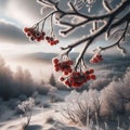 The image features a tree branch covered in snow, with red berries hanging from it. The branch is also covered in hoarfrost. Royalty Free Stock Photo