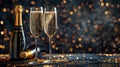 Sparkling Toast for Luxe Celebrations: Champagne Glasses and Bottle on Night Background Royalty Free Stock Photo