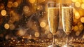 Sparkling New Year\'s Toast: Two Champagne Glasses on Gold Glitter Background - Perfect for Christmas Party Banner with Room Royalty Free Stock Photo