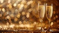 Sparkling New Year\'s Toast: Two Champagne Glasses on Gold Glitter Background - Perfect for Christmas Party Banner with Room Royalty Free Stock Photo