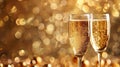 Sparkling New Year\'s Toast: Two Champagne Glasses on Gold Glitter Background - Perfect for Christmas Party Banner with Room Royalty Free Stock Photo