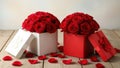 Red roses in gift boxes, isolated on white background Royalty Free Stock Photo