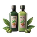 Two bottles of olive shampoo and conditioner with fresh olives and leaves Royalty Free Stock Photo