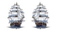 Two historic sailing ships with white sails on calm waters against a plain white background Royalty Free Stock Photo