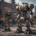 Two rusty robots in front of an old building.