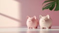 Two piggy banks on a table with a soft pink background and a leaf shadow, AI Royalty Free Stock Photo