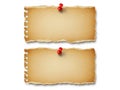 Vintage parchment notes with red pushpins isolated on white background Royalty Free Stock Photo