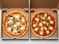 Two pizzas in boxes isolated on white background Royalty Free Stock Photo