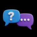 Blue and purple speech bubbles with question mark and dots, isolated on black background Royalty Free Stock Photo
