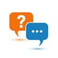 Two speech bubbles, one orange with a question mark and one blue with three dots, symbolizing a question and answer Royalty Free Stock Photo
