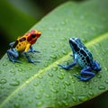 Two colorful frogs on a leaf Royalty Free Stock Photo