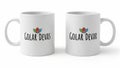 Two mugs with \'golar devas\' text and lights design isolated on white background Royalty Free Stock Photo