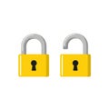 Two yellow locks, one open, one closed, isolated on white background Royalty Free Stock Photo