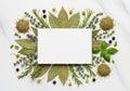 A circular arrangement of herbs and spices surrounding a blank card on marble isolated on white background Royalty Free Stock Photo