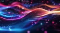 The image features a vibrant, abstract representation of flowing waves in
