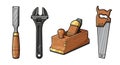 Carpentry Tools: Chisel, Wrench, Plane, and Saw Cartoon Illustrations Arrayed Royalty Free Stock Photo