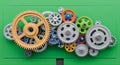 Colorful Interlocking Gears and Cogs Mechanical System, Engineering and Machinery Concept Royalty Free Stock Photo