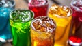 Colorful Assorted Soft Drinks in Glasses with Ice, Generative AI