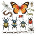 Colorful insects and arachnids illustration isolated on white background Royalty Free Stock Photo