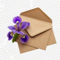 Purple iris and envelopes isolated on white background Royalty Free Stock Photo