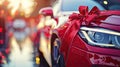 Gifting the Joy of Driving: Red Car Concept with Ribbon Tie and Copy Space for Auto Dealerships and Rentals