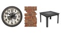 Steampunk clock, brick wall, and riveted table on a white background Royalty Free Stock Photo
