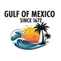 Vintage logo depicting the gulf of mexico with ocean waves and palm trees since 1672 Royalty Free Stock Photo