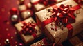 Stacked Golden Gift Boxes with Red Ribbons on Vibrant Background - Symbolizing Festivity and Generosity