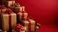 Stacked Golden Gift Boxes with Red Ribbons on Vibrant Background - Symbolizing Festivity and Generosity