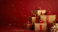 Stacked Golden Gift Boxes with Red Ribbons on Vibrant Background - Symbolizing Festivity and Generosity