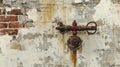 Weathered Brick Wall with Scarred Surface and Red Valve Detail Royalty Free Stock Photo