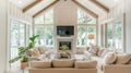 Bright Spacious Living Room with Large Windows and Comfortable Beige Sofa