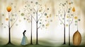 This image features a whimsical art of a woman in a dress among stylized trees.