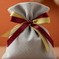 White fabric bag with red and gold ribbon Royalty Free Stock Photo