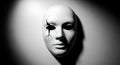Illuminated white human mask with a cracks and a damaged eye in black and white style Royalty Free Stock Photo