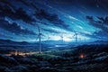 Starry Night Wind Farm: Village View with Full Moon, generative ai Royalty Free Stock Photo