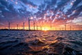 Offshore Wind Farm at Sunset: Purple & Blue Sky Panorama, generative ai