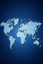 Vertical World Map Illustration Made of Light Blue Dots on a Dark Blue Grid Background globe Royalty Free Stock Photo