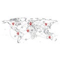 World map with red pins isolated on white background Royalty Free Stock Photo
