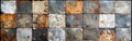 Vintage Patchwork Tiles on Weathered Cement Wall - Rusty Brown & Gray Stone Texture Background Banner Royalty Free Stock Photo