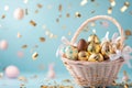 A festive Easter basket filled with colorful eggs and confetti, set against a pastel backdrop, capturing the joy and Royalty Free Stock Photo