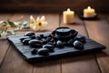 Hot Stone Massage Spa Treatment with Aromatherapy Candles and Dry Flowers Royalty Free Stock Photo