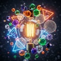 Image featuring a central Edison-style light bulb with glowing Royalty Free Stock Photo