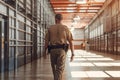 An image featuring a correctional officer in uniform, patrolling or interacting with inmates, highlighting their role in