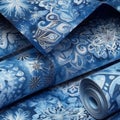 An image featuring an intricate snowflake fabric pattern in shades of blue and silver, evoking a magical and wintry ambiance. Royalty Free Stock Photo