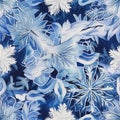 An image featuring an intricate snowflake fabric pattern in shades of blue and silver, evoking a magical and wintry ambiance. Royalty Free Stock Photo