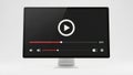 A modern desktop computer monitor shows a minimalistic video player interface with a play button, progress bar, and volume Royalty Free Stock Photo