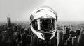 An image featuring a motorbike helmet surrounded by an urban cityscape , emphasizing the helmet\'s compatibility with urban